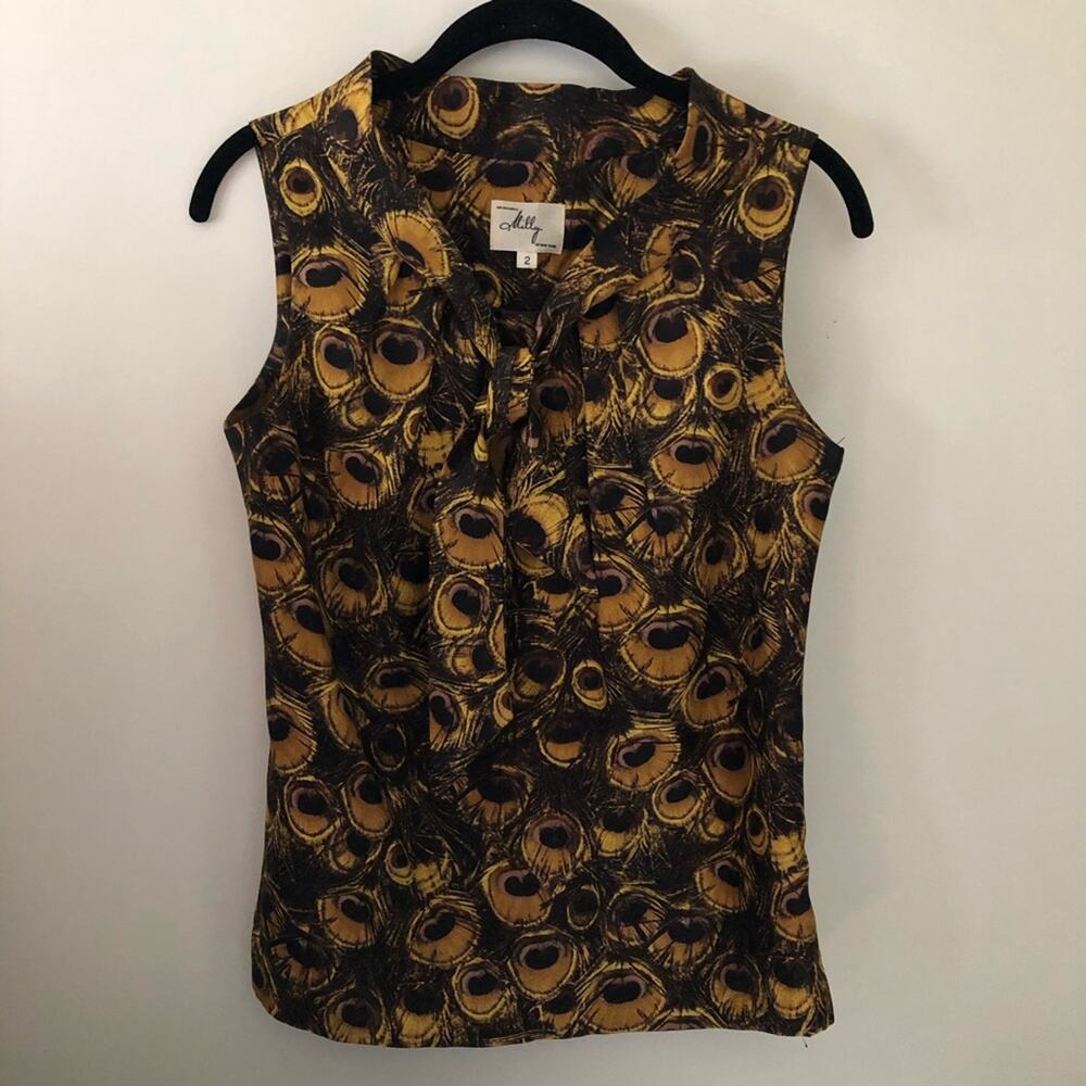 Milly Peacock Motif tie neck Blouse Size 2